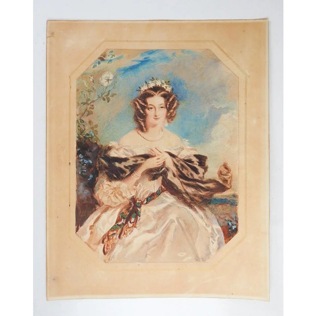 Antique mid 19th century watercolor on paper portrait painting of young woman. Unsigned. Unframed, trimmed paper is glued...