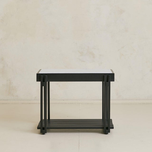 French Black Wood Side Table with White Marble, 1970s - 2 Available For Sale - Image 4 of 10