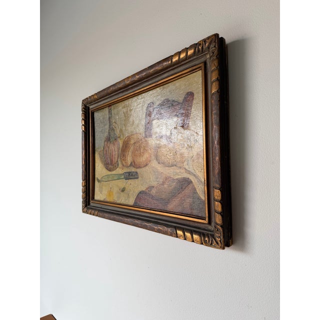 1949 Vintage Still Life Kitchen Setting Oil on Board Painting, Wood Framed For Sale - Image 4 of 12