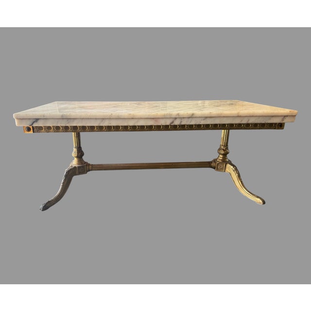 Vintage Marble Top Coffee Table W/ Brass Base Hollywood Regency Neoclassical For Sale - Image 4 of 8