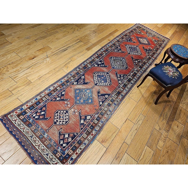 Antique Persian Kurdish Bidjar Runner, Handwoven Geometric Pattern, Terracotta & Navy, 3’ X 13’ For Sale - Image 17 of 18