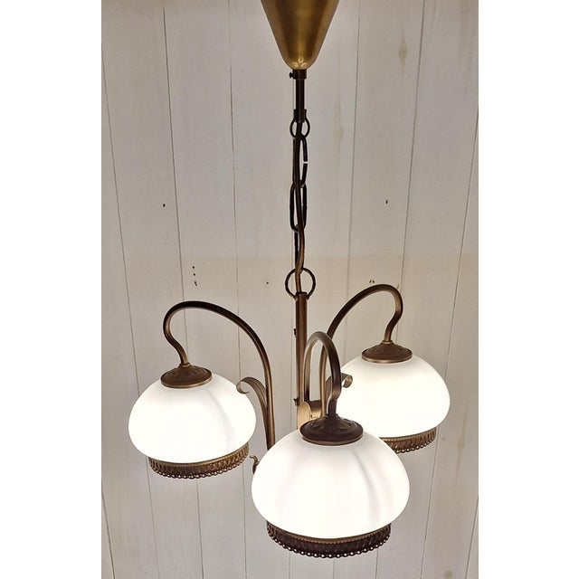 Vintage Three-Light Ceiling Lamp with Brass Frame and White Glass Shades, 1980s For Sale - Image 3 of 7