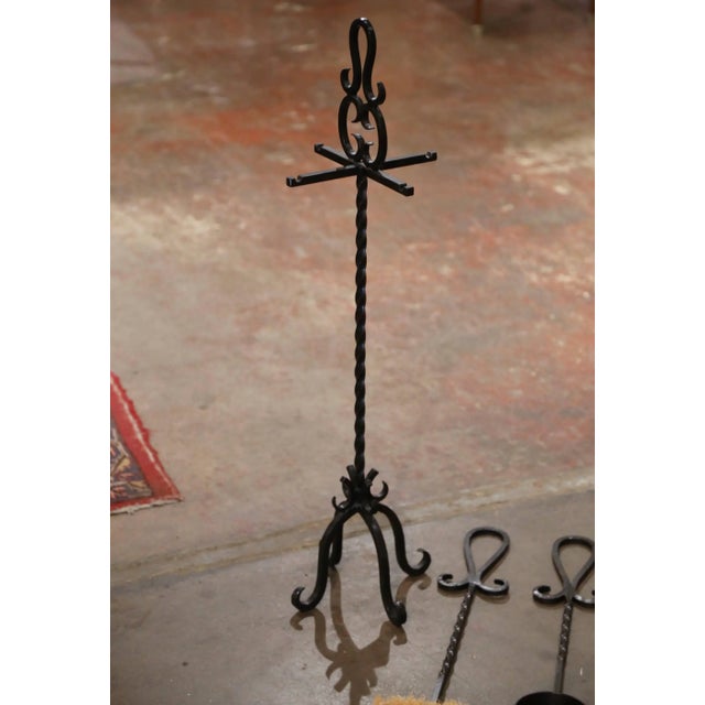 Vintage French Gothic Wrought Iron Five-Piece Fireplace Tool Set on Stand For Sale - Image 9 of 10