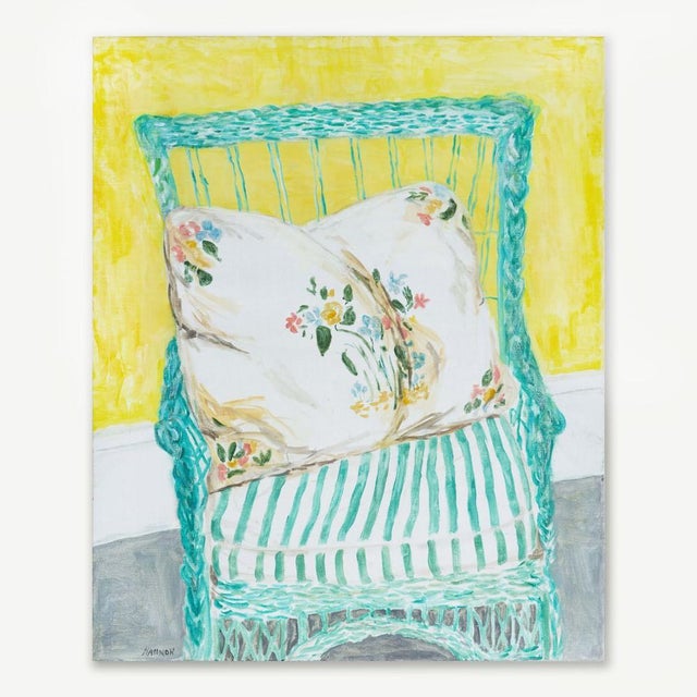 Still Life depicting a green wicker chair. Signed by the artist in the lower left corner. Jean Hannon grew up in Boston...