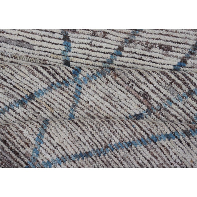 Modern Tribal Runner in Wool With Sub-Geometric Diamond Design in Cream and Blue 3'6 X 15'9 For Sale - Image 10 of 11