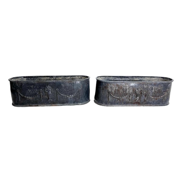 Early 19th Century English Grey Lead Planters with Classical Decoration - A Pair For Sale
