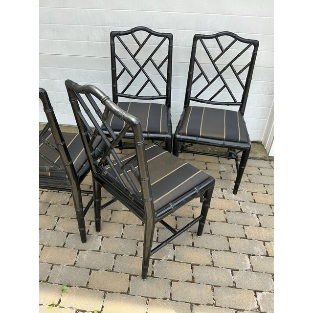 1970s Set of 4 Vintage Black Laquer Chinese Chippendale Faux-Bamboo Dining Chairs For Sale - Image 5 of 12