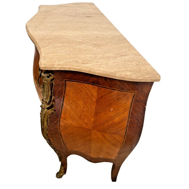 1920s Antique French Bombe Nightstand, Commode Chest of Drawers, Inlays, Marble Top For Sale - Image 5 of 13