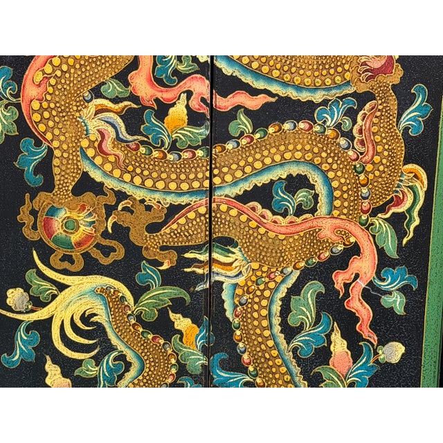 Oriental Tibetan Style Golden Dragon Graphic Tall Slim Storage Cabinet For Sale - Image 15 of 15