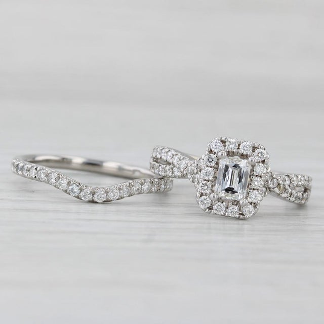 Metal 1.20ctw Leo Diamond Halo Engagement Ring Contoured Wedding Band 14k White Gold, Size 6 For Sale - Image 7 of 10