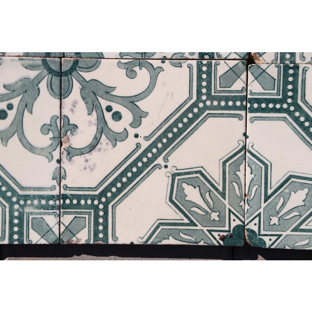 Art Deco Tiles Set of 8 Large Portuguese Sage Green & White Floral Geometric Design c.1920s For Sale - Image 4 of 16
