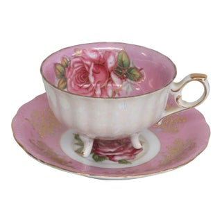 Mid 20th Century Royal Halsey Pink Opalescent Lusterware Footed Teacup and Saucer - Pair For Sale