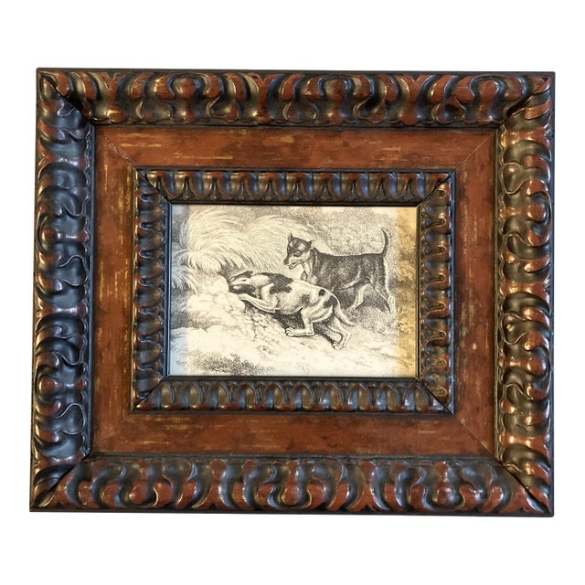 Circa 1910 Original Terrier Dog Engraving Chunky Wood Frame For Sale