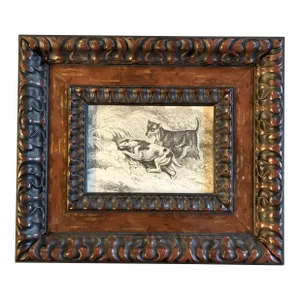 Circa 1910 Original Terrier Dog Engraving Chunky Wood Frame