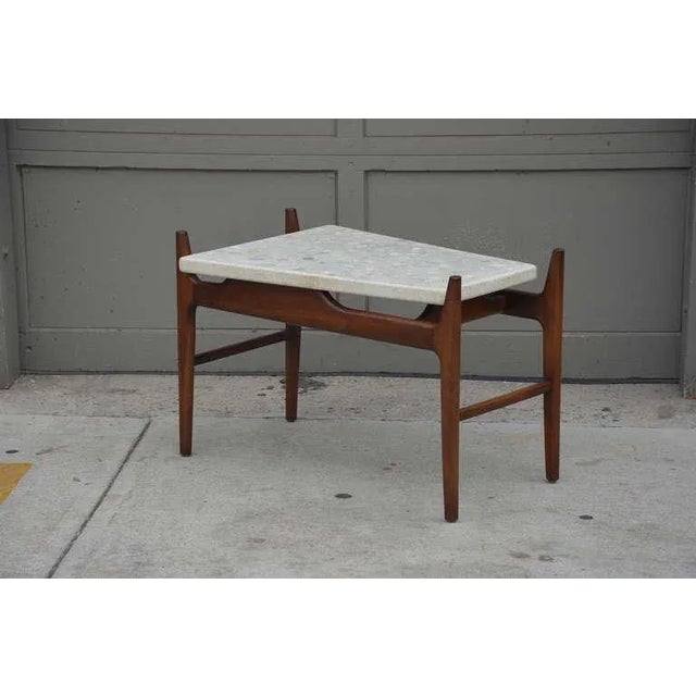 Rare trapeze terrazzo side table by Harvey Probber. Great combination of wood and stone. Cantilevered top. Stone surface...