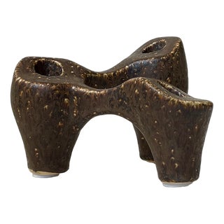 Brutalist Scandinavian Candleholder in Glazed Stoneware, 1980s For Sale