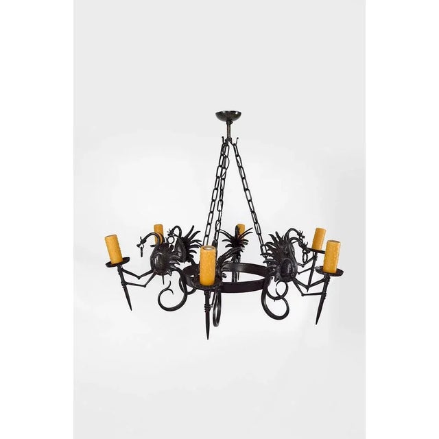 Large Wrought Iron Ceiling Light with Dragons, 1890s For Sale - Image 3 of 13