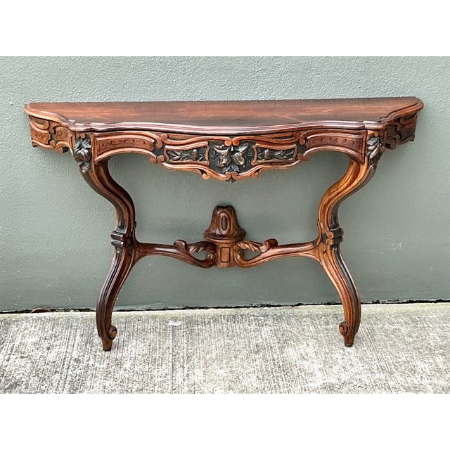 Mid-Century Modern Vintage Hand Carved Demilune Wall Mount Console Table For Sale - Image 3 of 12