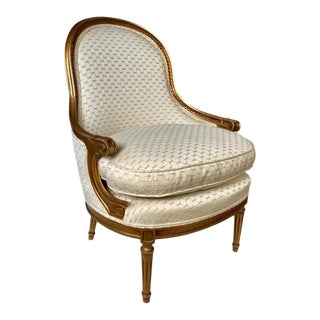 French Louis XVI Style Gilt Barrel Back Bergere Chair For Sale