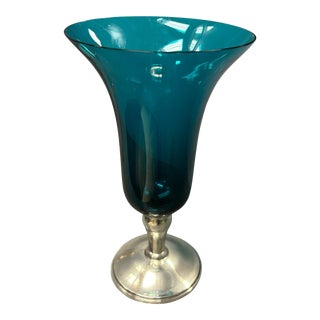 1940s Gorham Teal Blue Glass Vase With Sterling Silver Weighted Base 1444 For Sale