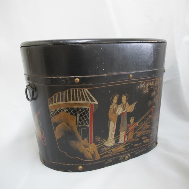 Large antique Chinoiserie painted wood bin, often used historically as a rice barrel or basket. Features a black lacquered...