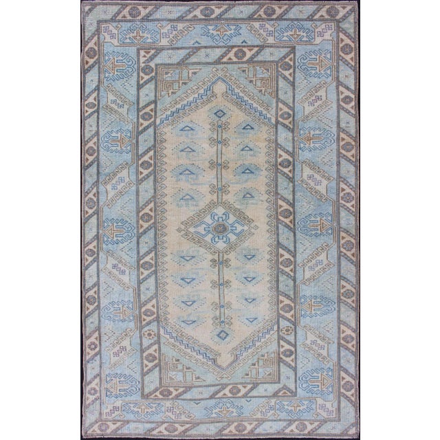 Hand Knotted Oushak Rug From Turkey With All Over Design in Blues and Cream For Sale - Image 11 of 11