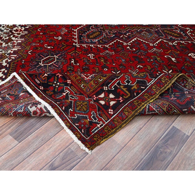 1960 7'9"x10'9" Ruby Red Geometric Medallion Old Persian Heriz Hand Knotted Wool Rug For Sale - Image 10 of 12
