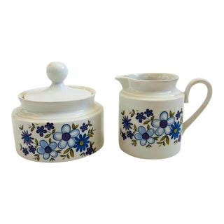 Mid Century Bavarian Porcelain Cream and Sugar With Blue Floral Design - Made by Schumann Porcelain- Arzberg, Germany 1960s For Sale