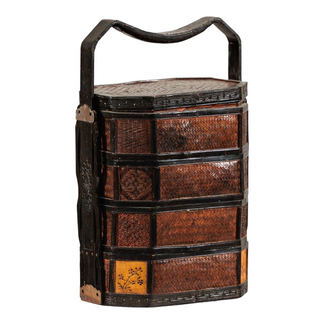Mid 20th Century Chinese Hexagonal Four-Tier Woven Bamboo Basket with Carved Handle For Sale