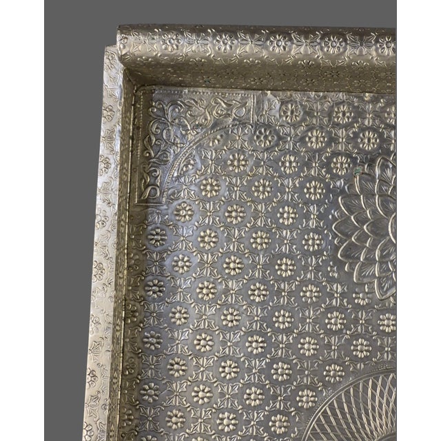 Vintage Large 25'' X 18'' Anglo-Indian Bohemian Embossed Engraved Metal Tray For Sale - Image 10 of 18