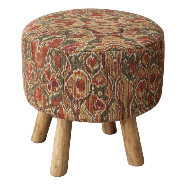 Vintage Kilim Wooden Leg Ottoman, 1990s For Sale