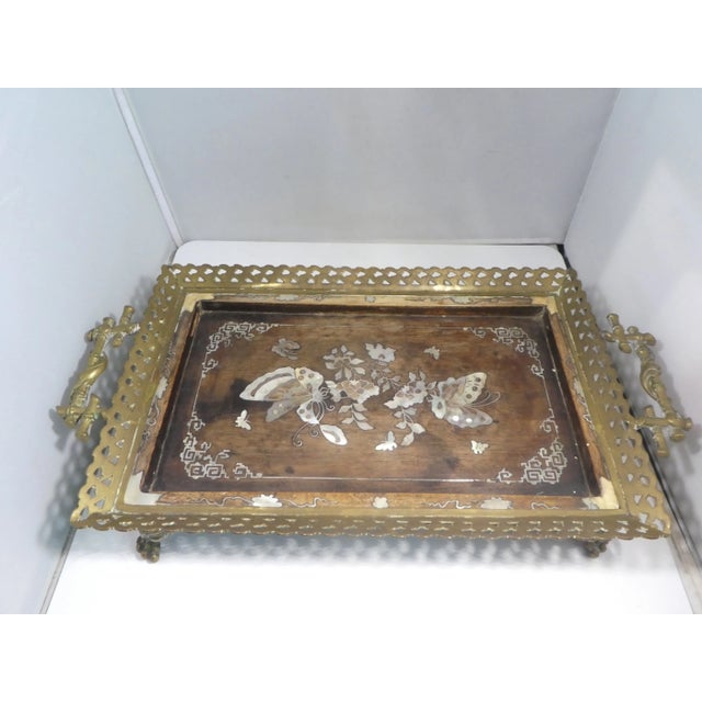19th C Victorian Aesthetic Movement Bronze Tray W Mother of Pearl Inlay of Butterflies with Hairy Paw Feet For Sale - Image 4 of 8