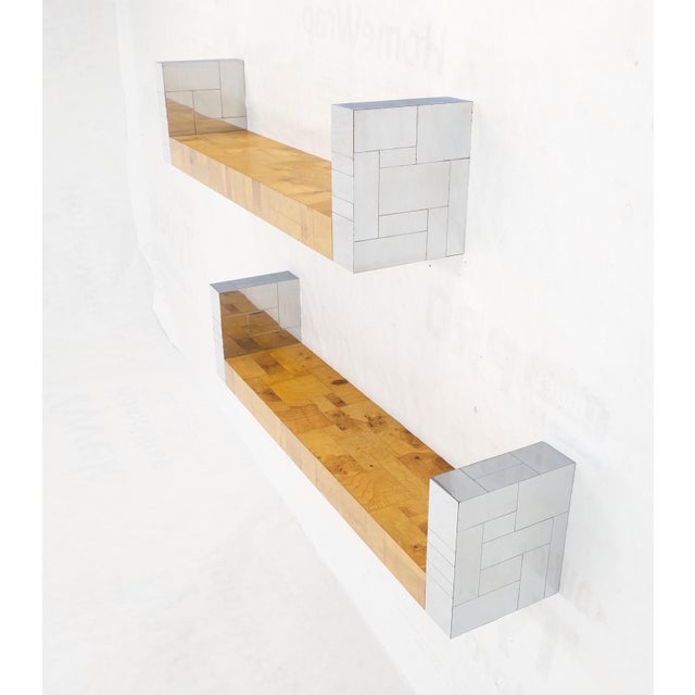 Pair Paul Evans Bracket Shape Burl Walnut Polished Chrome Hanging Shelves Mint For Sale - Image 11 of 11