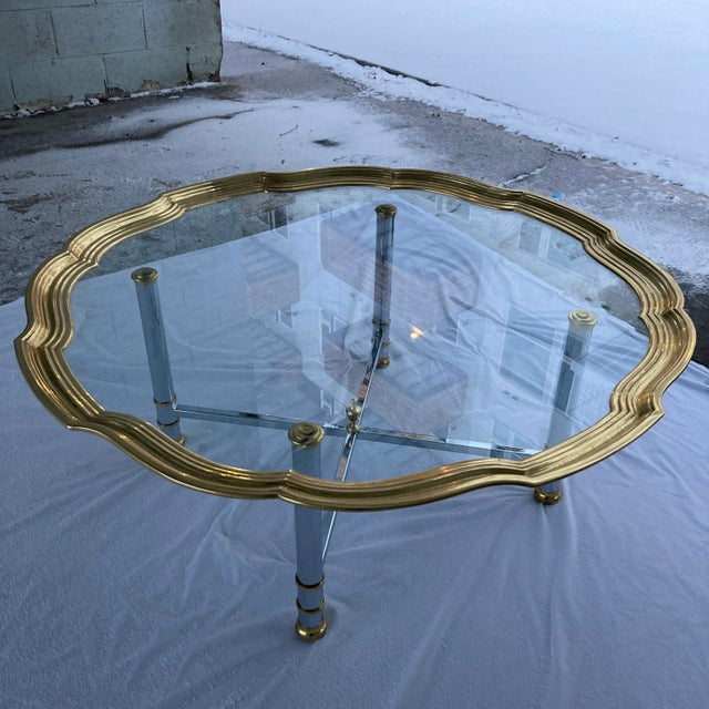 Metal Mid-Century Modern Chrome X-Base Coffee Table Having Scalloped Brass Glass For Sale - Image 7 of 13