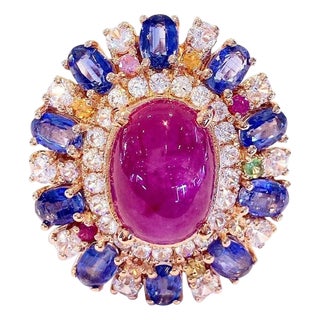 Bochic Vintage Ruby, Tanzanite & Fancy Sapphire Candy Ring Set 18K Gold & Silver For Sale