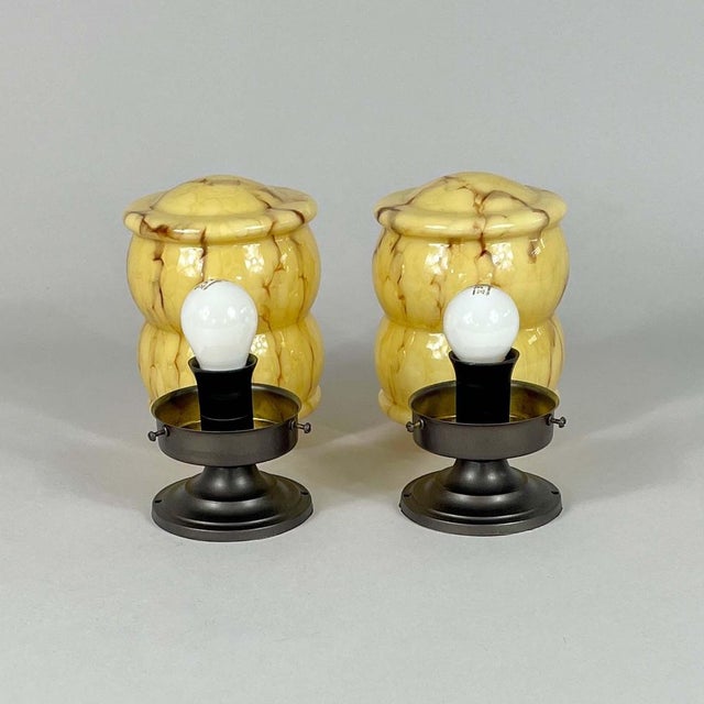Brown Art Deco Marbled Opaline & Burnished Brass Flush Mounts, Germany, 1930s, Set of 2 For Sale - Image 8 of 16