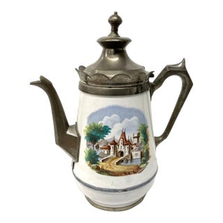 Antique Charming Chocolate Pot European Castle Motif Enamelware For Sale
