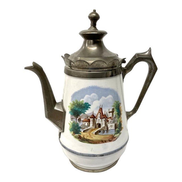 Charming Antique Chocolate Pot European Style Enamelware Castle Motif For Sale