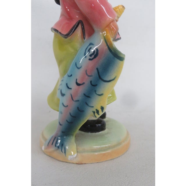 Mid 20th Century Brad Keeler Art Pottery Ceramic Figurine 601 Asian Boy in Robe With Fish 5025b For Sale - Image 5 of 15