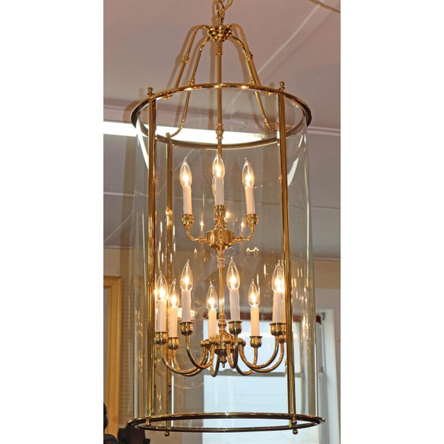 1990s Large Brass Two Tier 12 Light Beveled Glass Chandelier Lantern For Sale - Image 4 of 10
