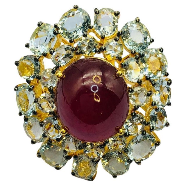 Bochic "Orient" Vintage Natural Ruby & Aquamarine Ring Set In 18K Solid Gold For Sale - Image 10 of 18