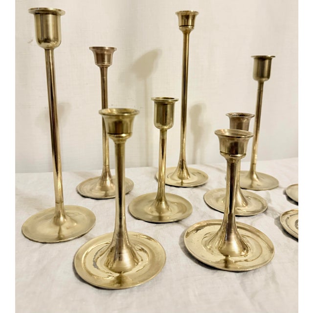 Vintage Curated Collection of Polished Brass Tulip Candlestick Holders - Set of 10 For Sale - Image 6 of 10