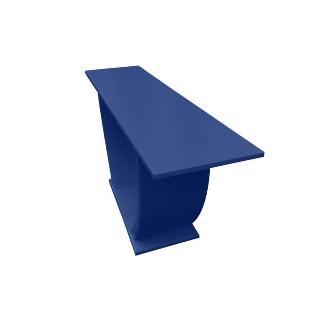 Modern custom console table. Table is made of alder with a custom deep blue finish.. The console is in impeccable...