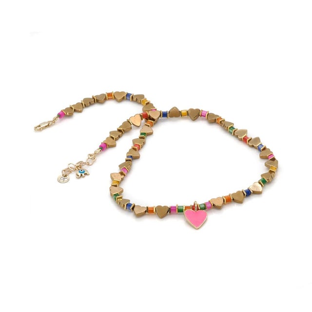 Contemporary Pink Heart Pendant Gold Heart Beaded Colorful Necklace For Sale - Image 3 of 10