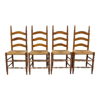 Early 1900s Antique Ladderback Primitive Rustic Oak Wood Rush Seat Dining Chairs - Set of 4 For Sale