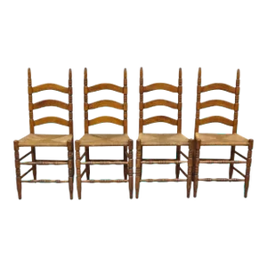 Early 1900s Antique Ladderback Primitive Rustic Oak Wood Rush Seat Dining Chairs - Set of 4