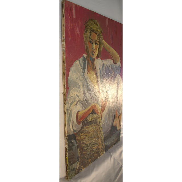 1980s Signed Bill Salamon Figurative Oil Painting of Seated Blonde Woman, 25.5" X 36" For Sale - Image 4 of 5
