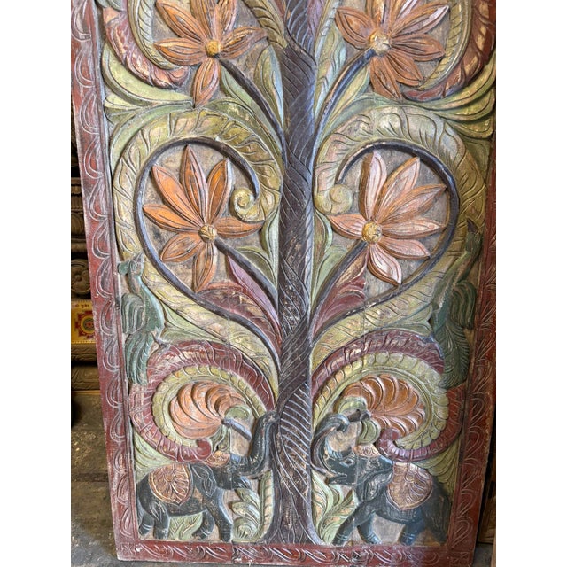 Vintage Hand-Carved Tree of Life Wood Barn Door | Painted Indian Wall Panel With Elephant & Lotus Door 84x36 For Sale - Image 4 of 6