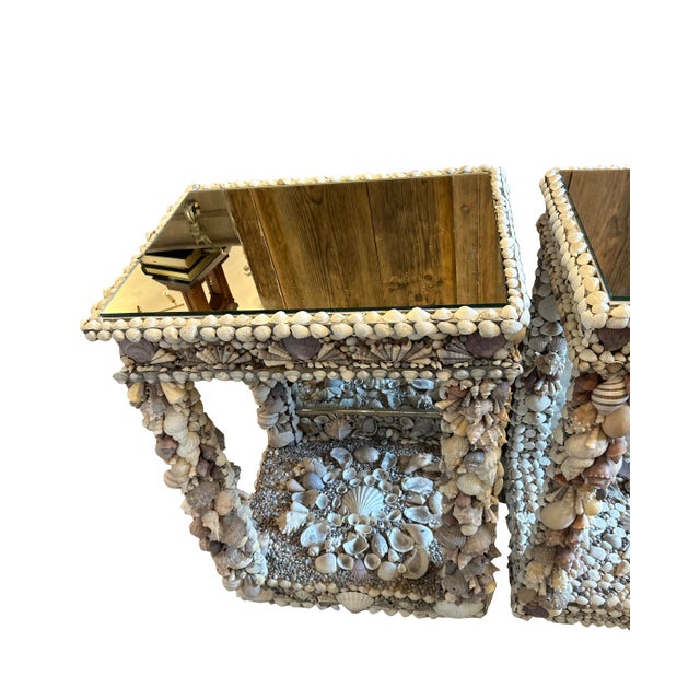 Baroque Pair of Italian Baroque Grotto Style Mirrored Console Seashell End Tables For Sale - Image 3 of 10