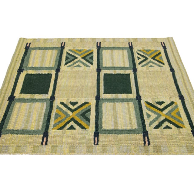 Contemporary Scatter Swedish Style Modern Wool Rug in Yellow and Green Design For Sale - Image 3 of 7